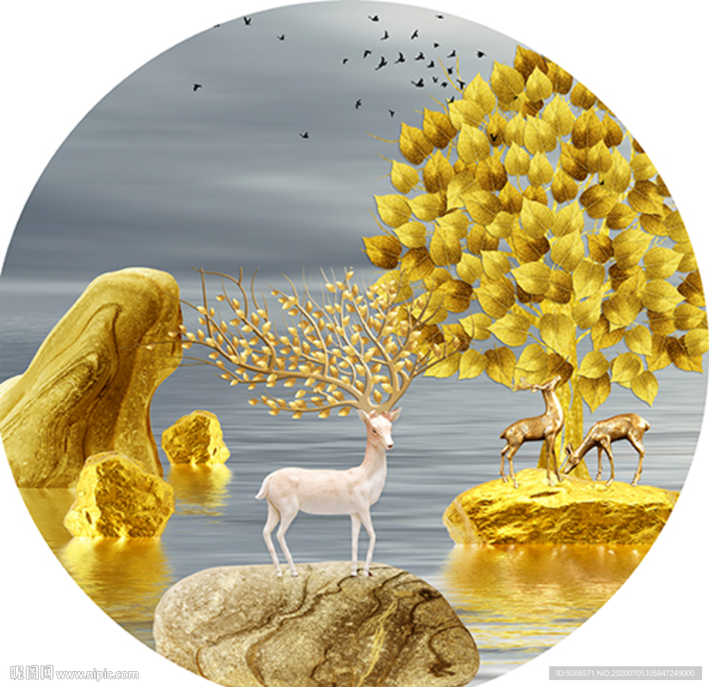 中式麋鹿山水圆形装饰画晶瓷画