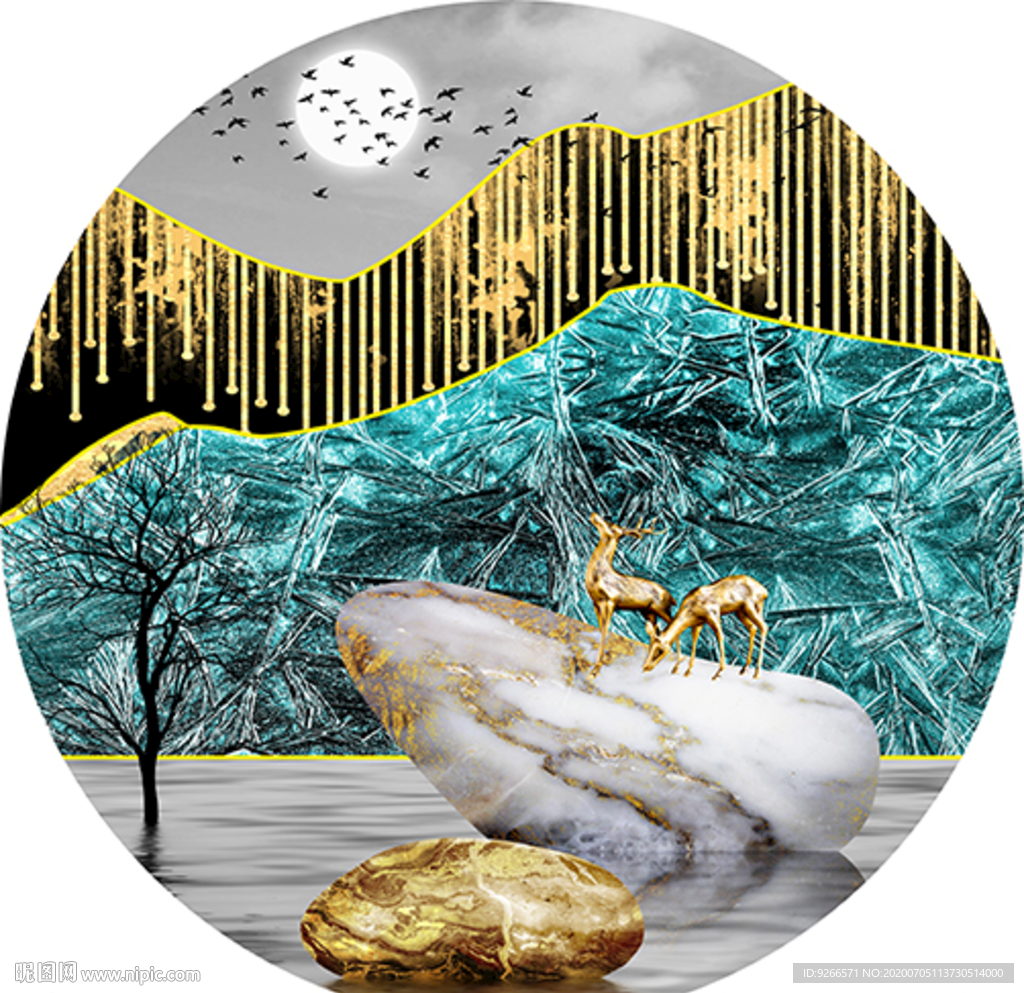 中式麋鹿山水圆形装饰画晶瓷画