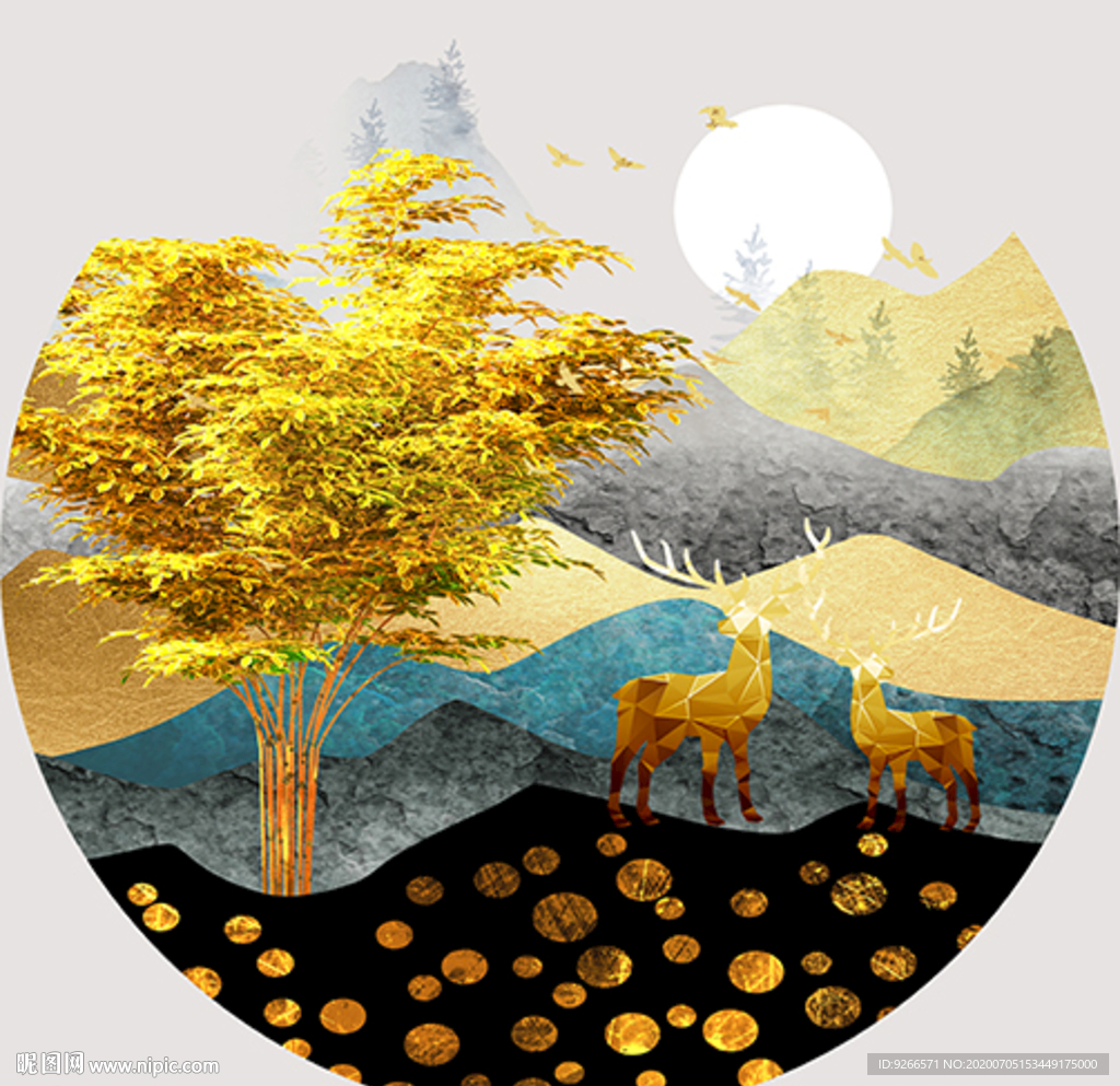 中式麋鹿山水圆形装饰画晶瓷画