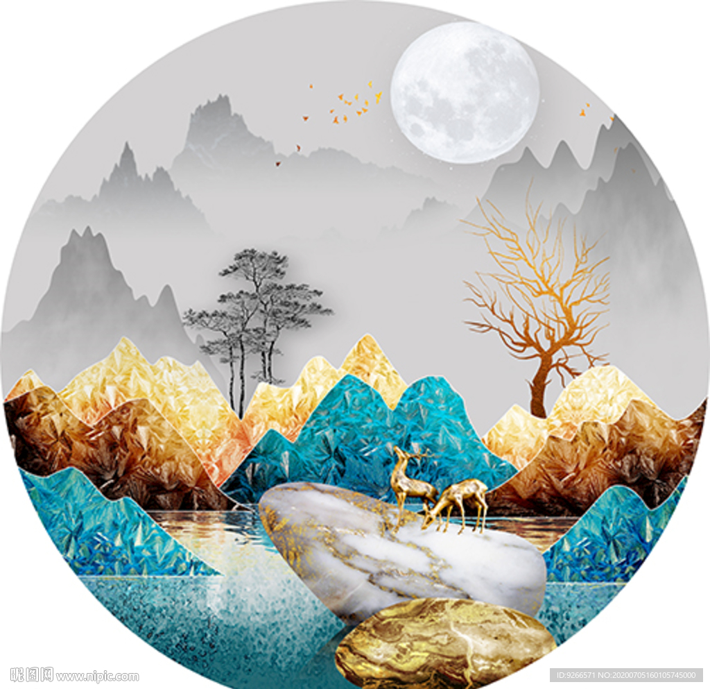 中式麋鹿山水圆形装饰画晶瓷画