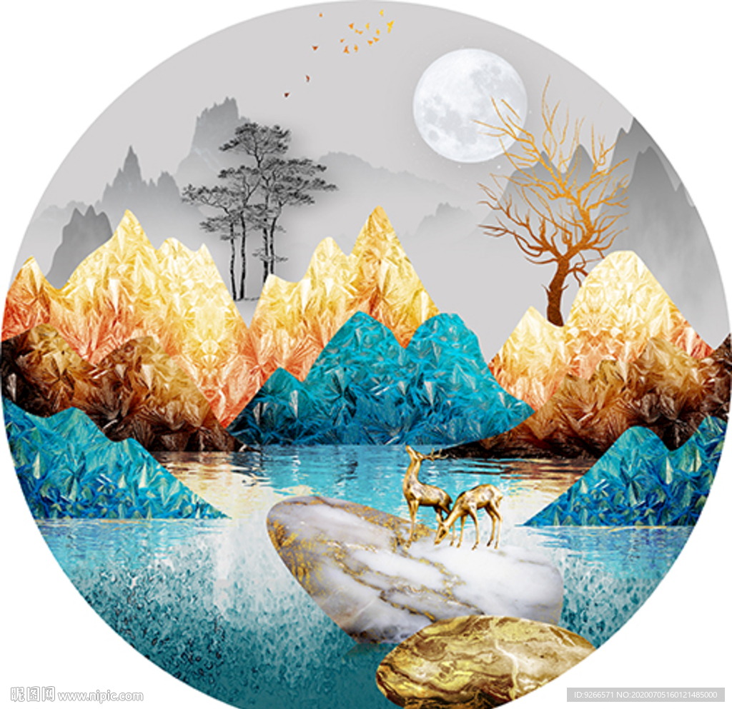 中式麋鹿山水圆形装饰画晶瓷画