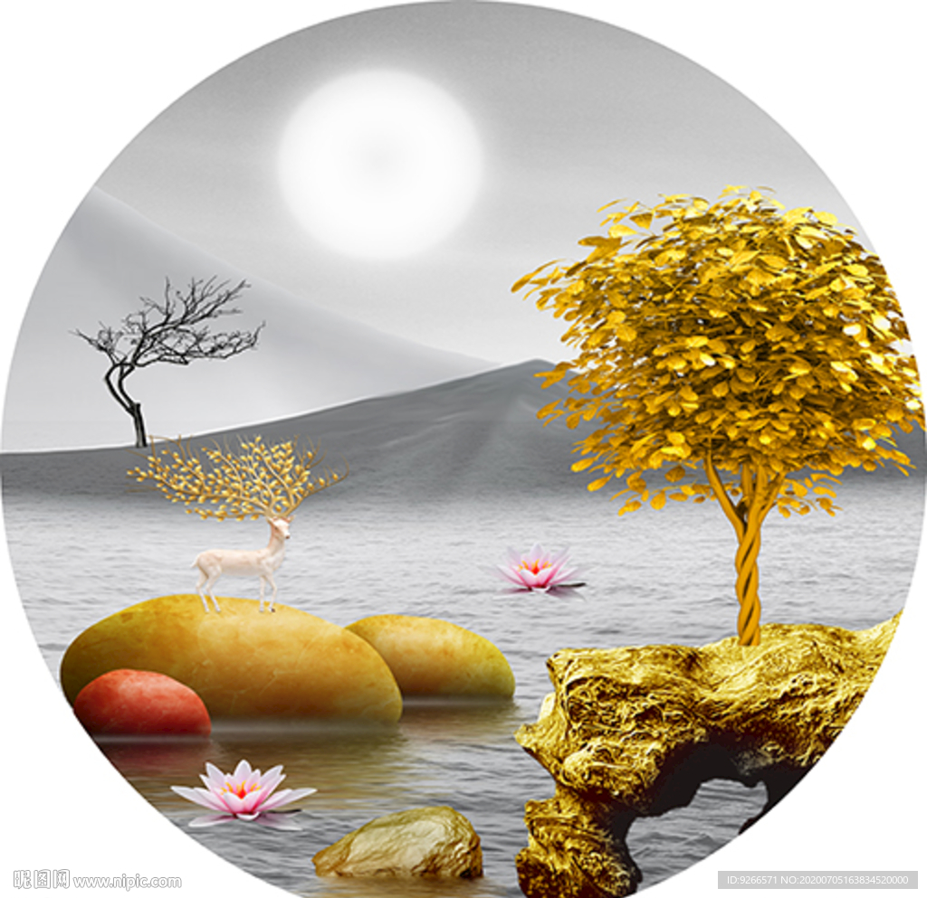 中式麋鹿山水圆形装饰画晶瓷画