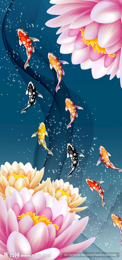 九鱼图荷花玄关背景墙