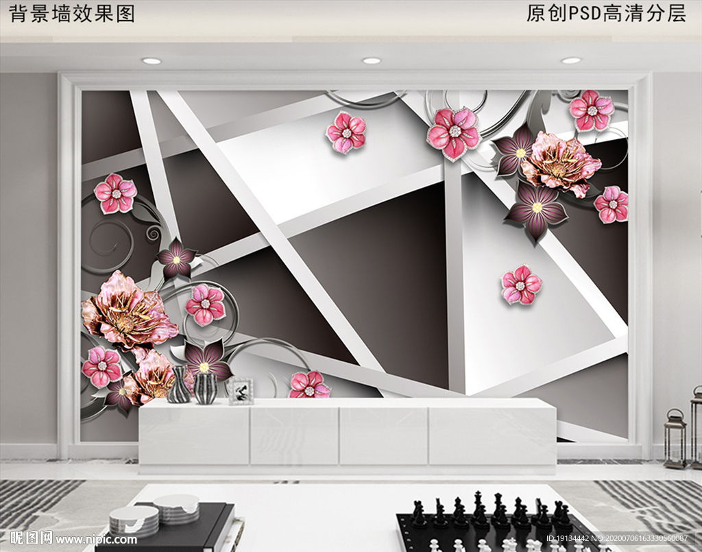 现代简约3D浮雕花电视背景墙