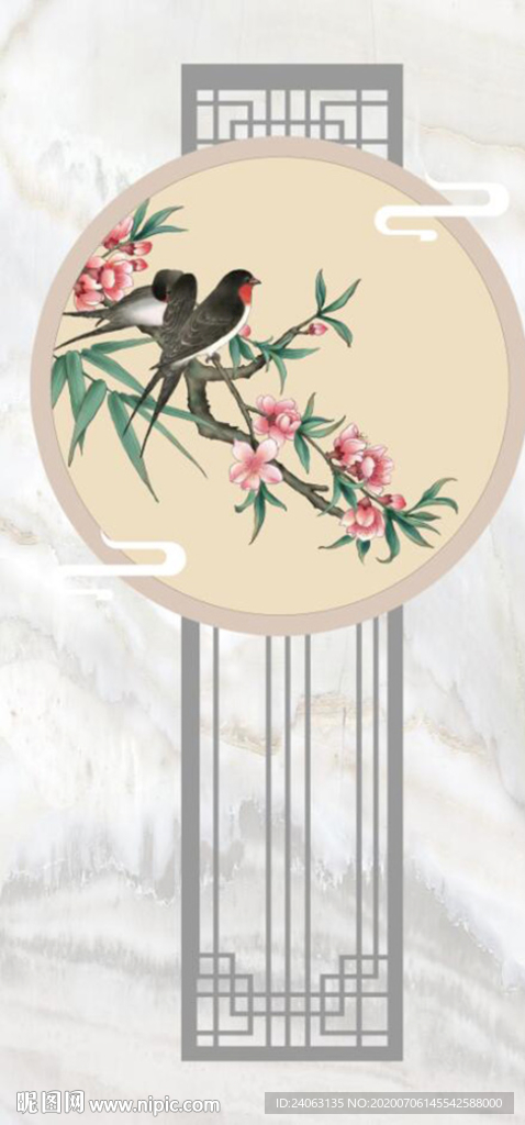 新中式工笔桃花燕子复式石纹玄关