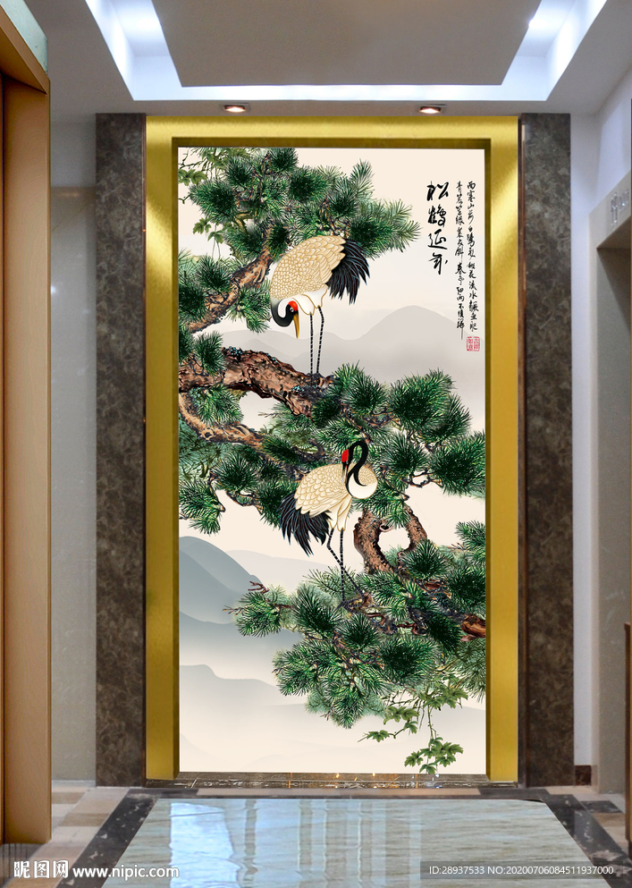 原创玄关仙鹤松树松鹤延年装饰画
