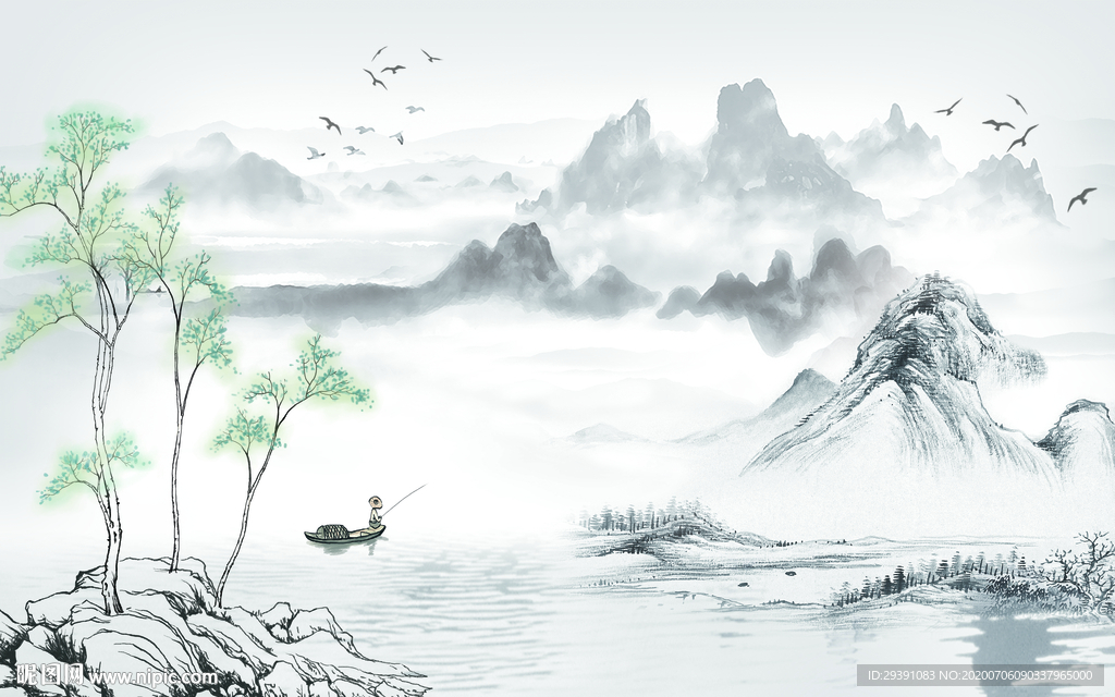 抽象水墨山水背景墙图片