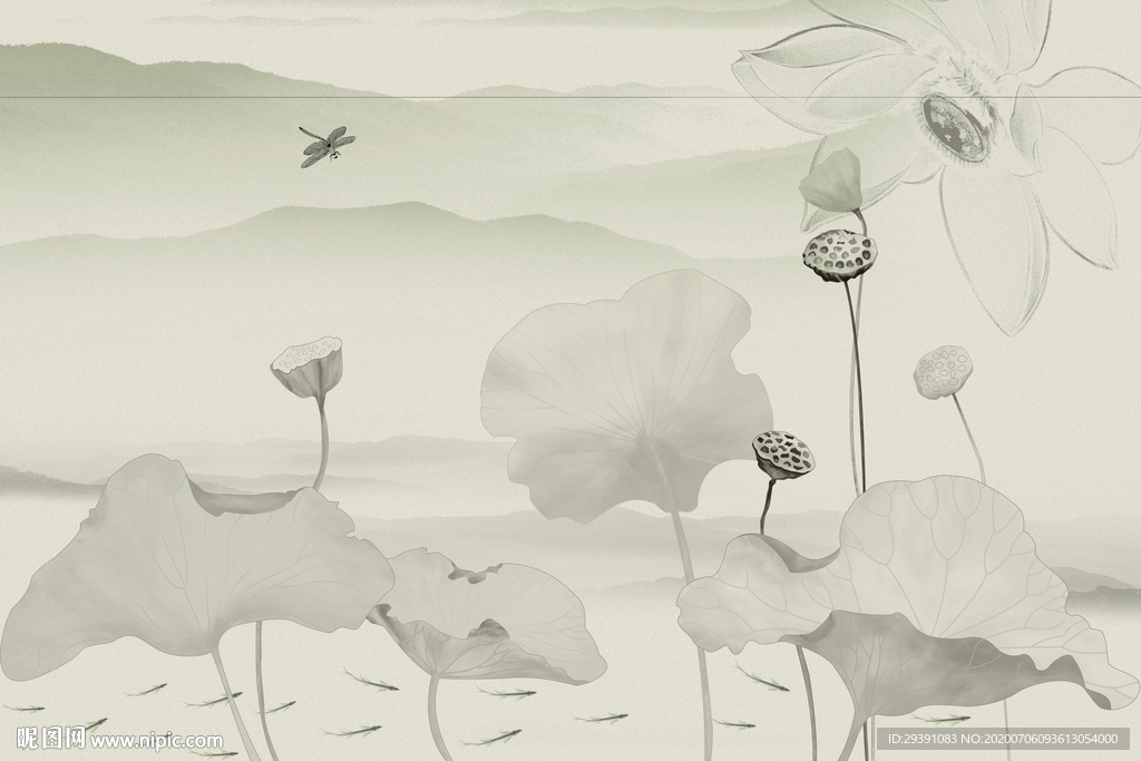 手绘中式禅意荷花背景墙