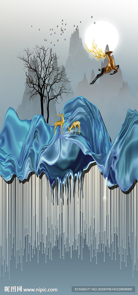 麋鹿山水石来运转线条玄关装饰画