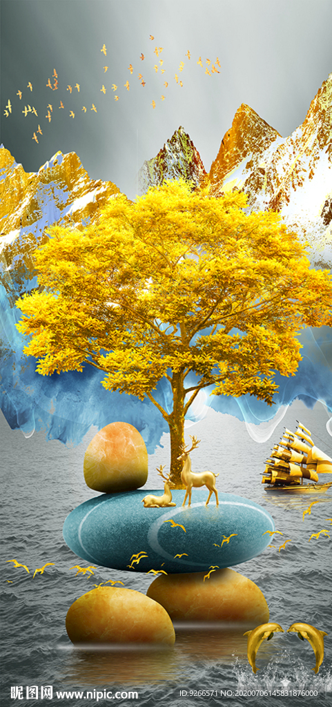 麋鹿山水石来运转线条玄关装饰画