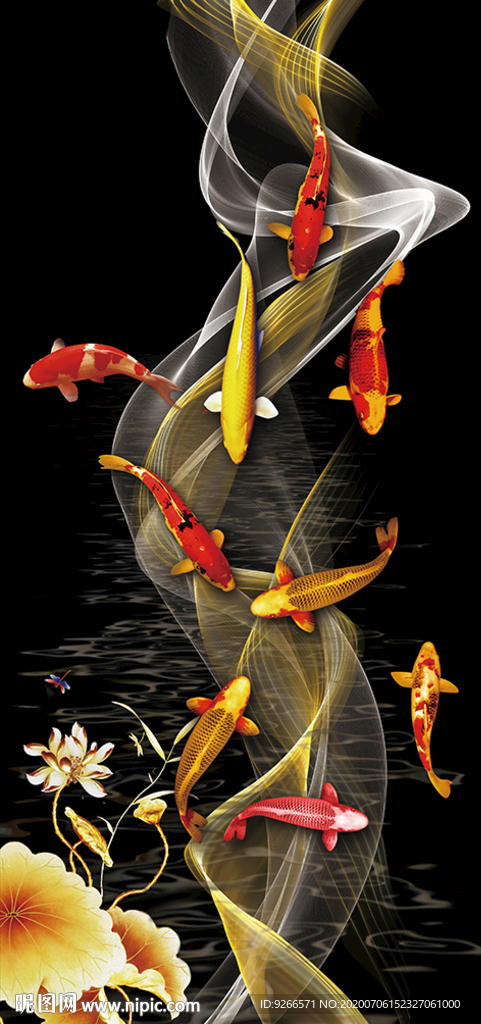 九鱼图线条玄关装饰画