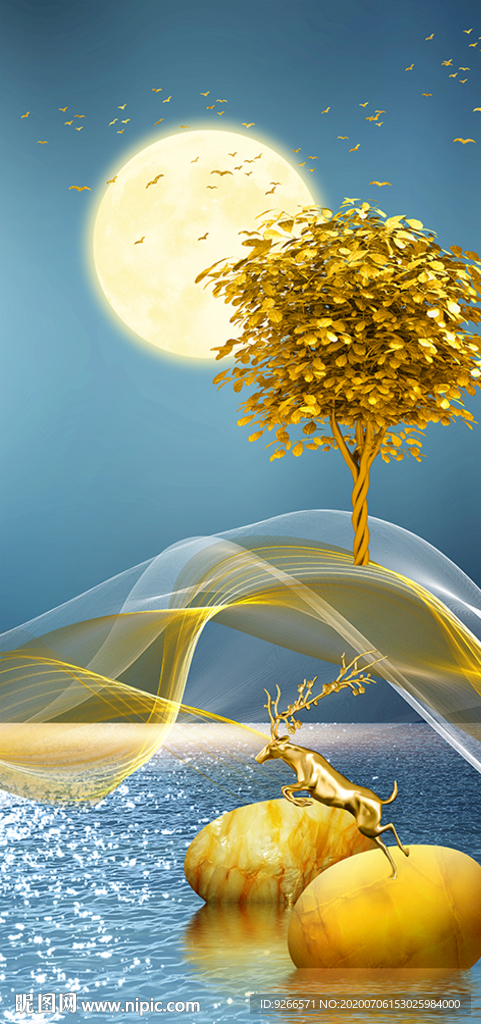 麋鹿山水石来运转线条玄关装饰画