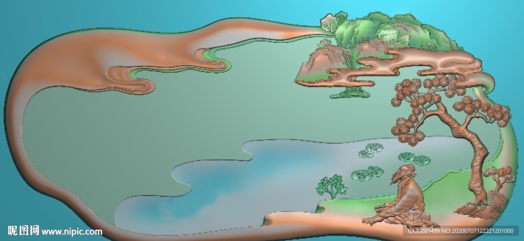 山水人物弹琴茶盘精雕图