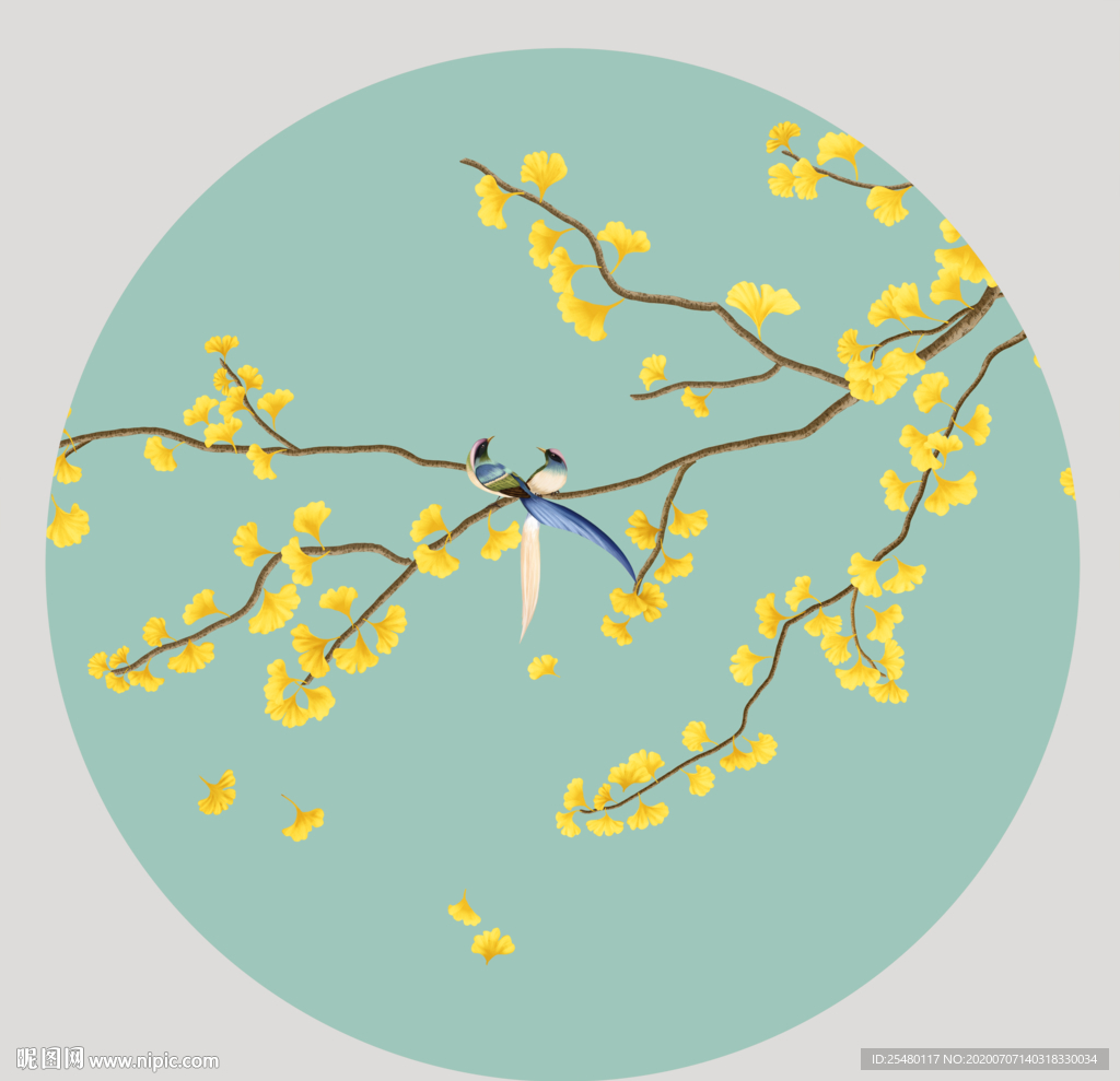 新中式圆形银杏花鸟工笔画图片