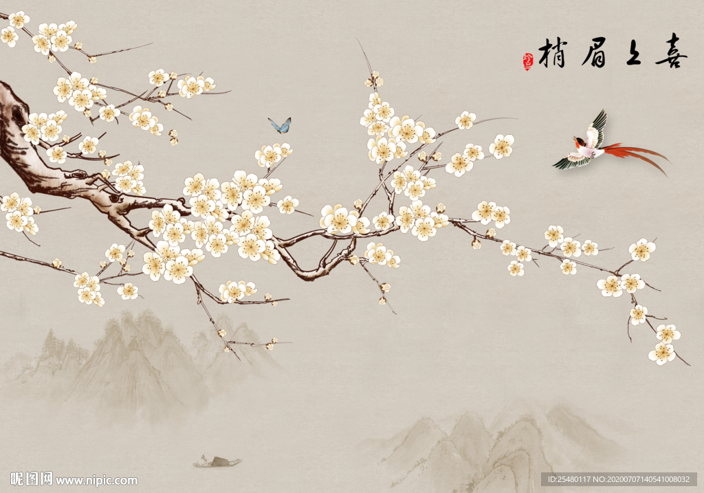 新中式喜上眉梢花鸟工笔画背景图