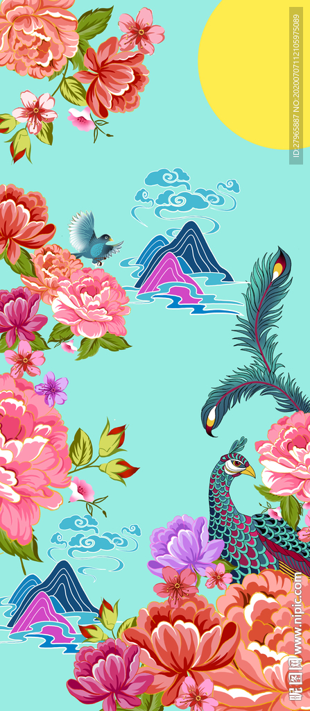 中秋  花卉  孔雀手绘插画