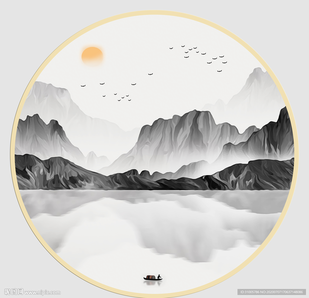 圆形水墨山水
