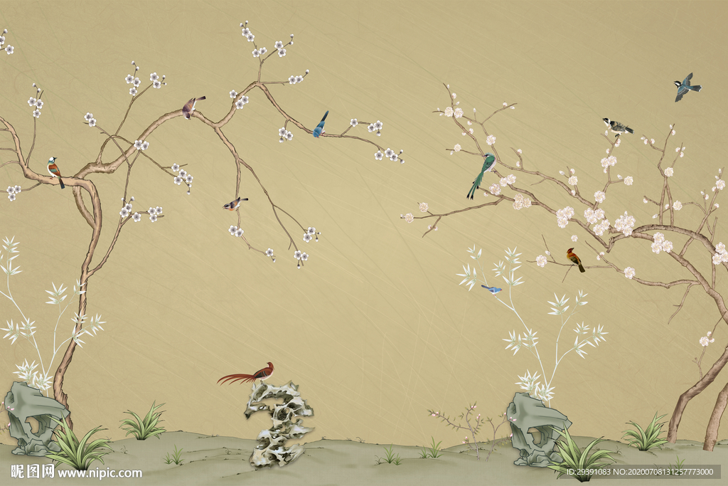 新中式梅花花鸟工笔手绘背景图片