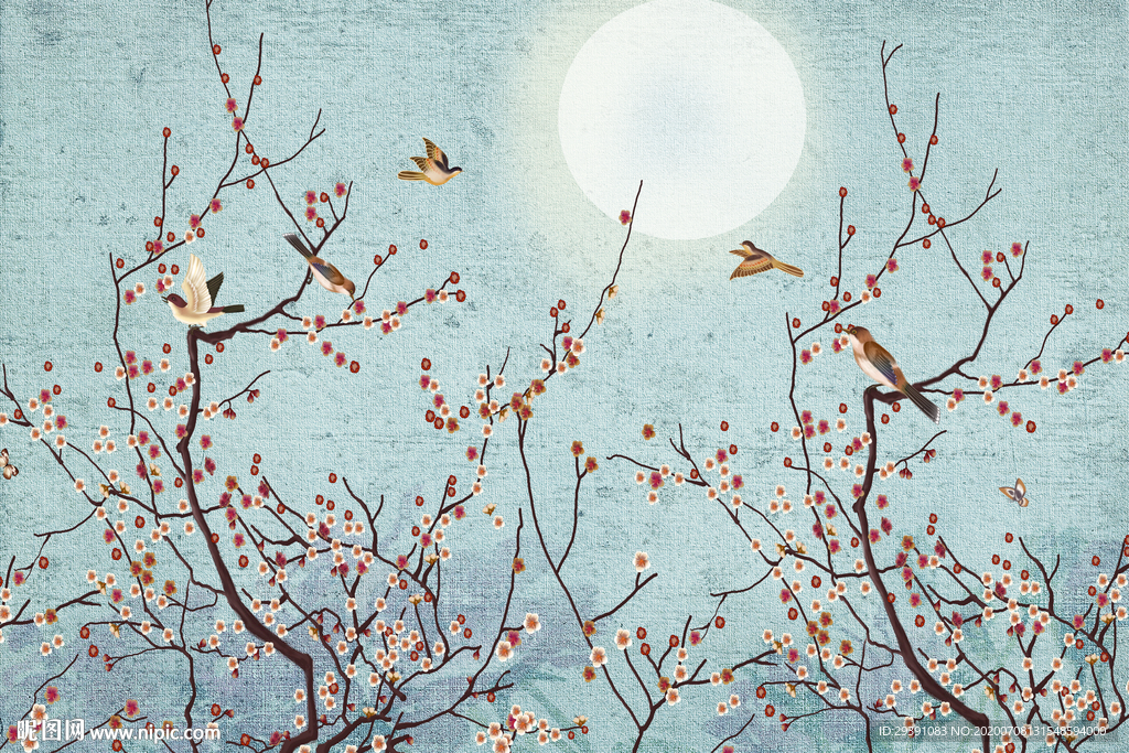 手绘壁画花鸟图图片