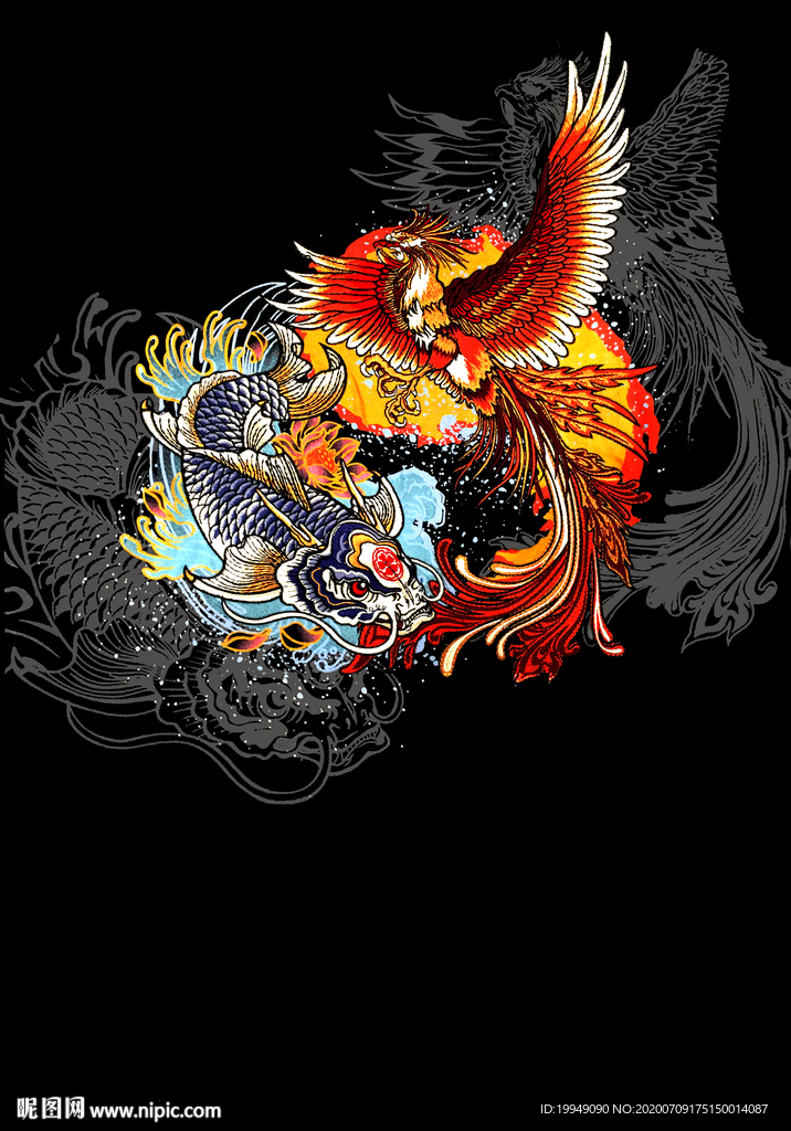 中式印花图案凤凰鱼