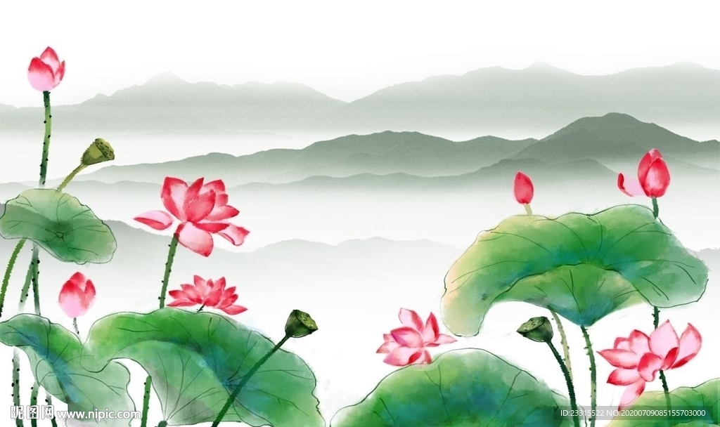 青莲荷花爱莲说水墨山水背景墙