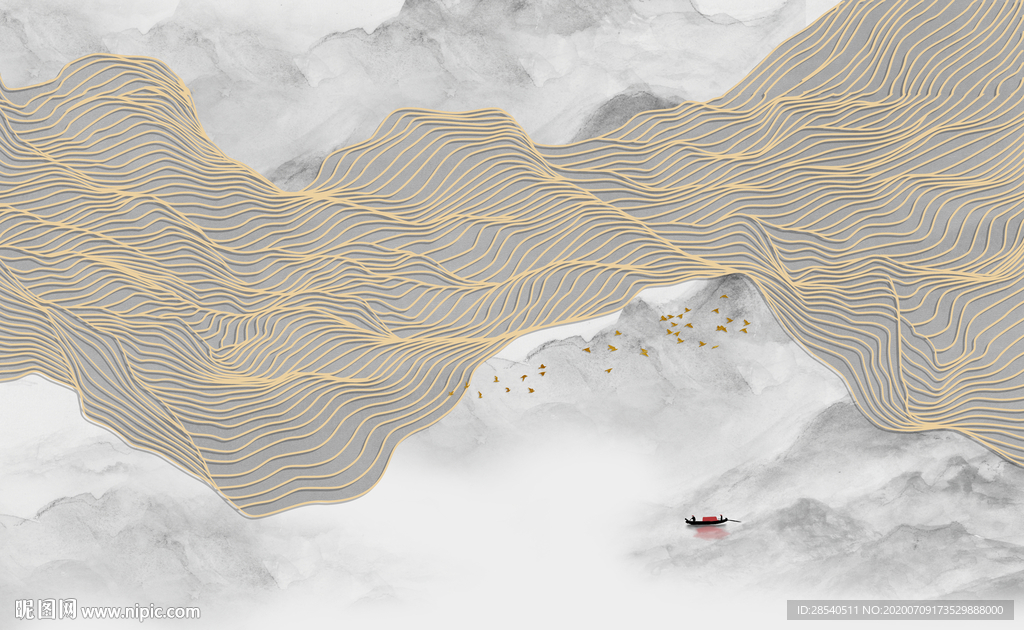 新中式山水金色线条背景墙图片