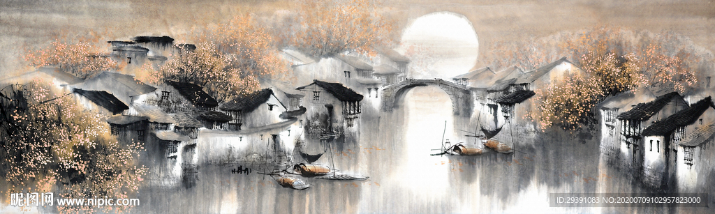 新中式水墨江南山水画背景墙图片