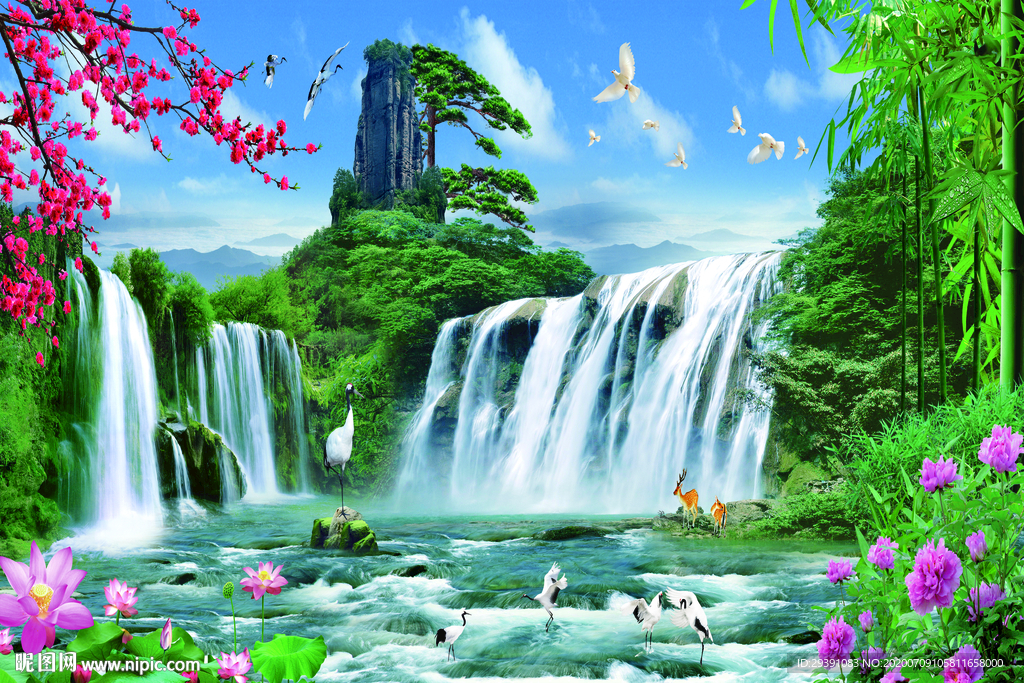 松鹤延年山水瀑布风景