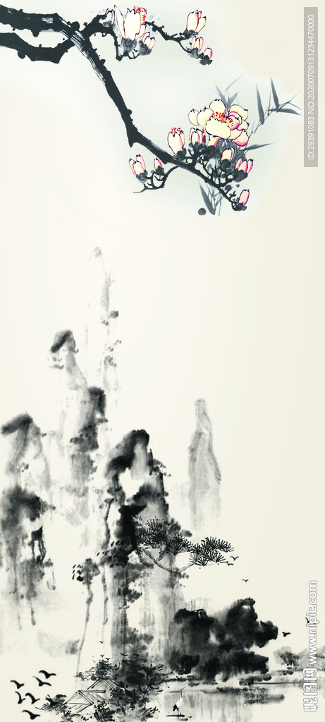 玄关新中式意境山水背景墙图片