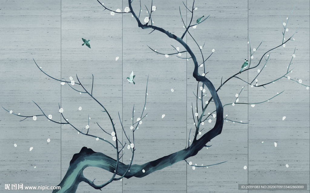 新中式手绘白梅花电视背景墙图片