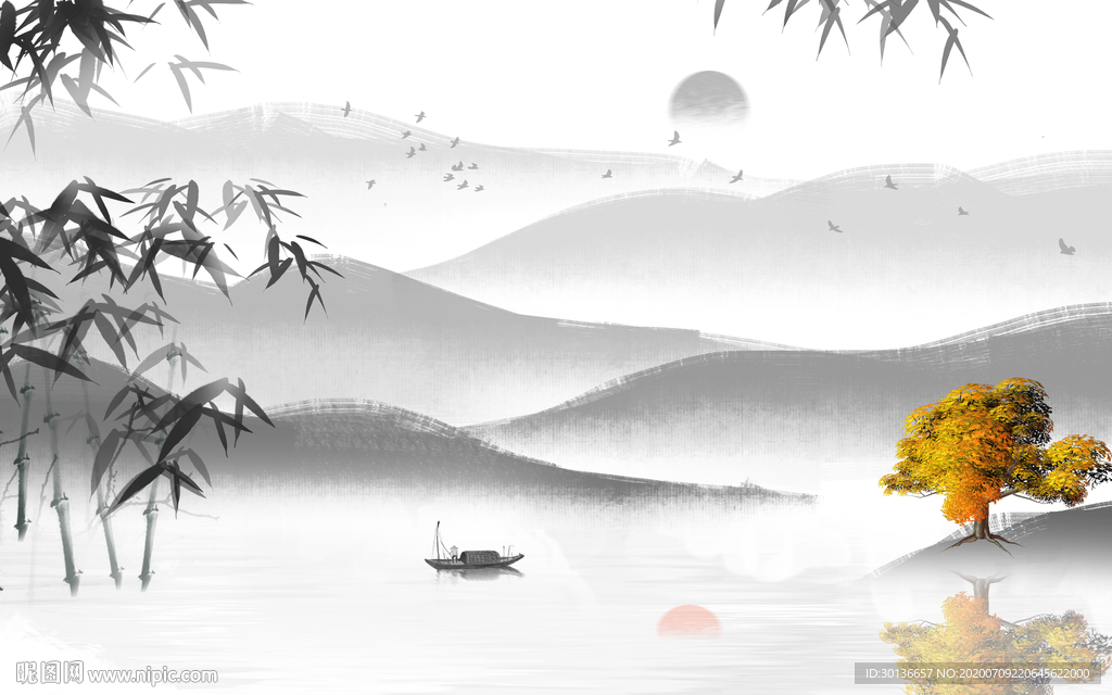 中国风山水画灰色画 TIF分层