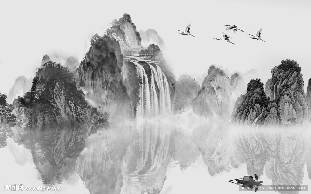 大厅山水画灰色画 TIF分层
