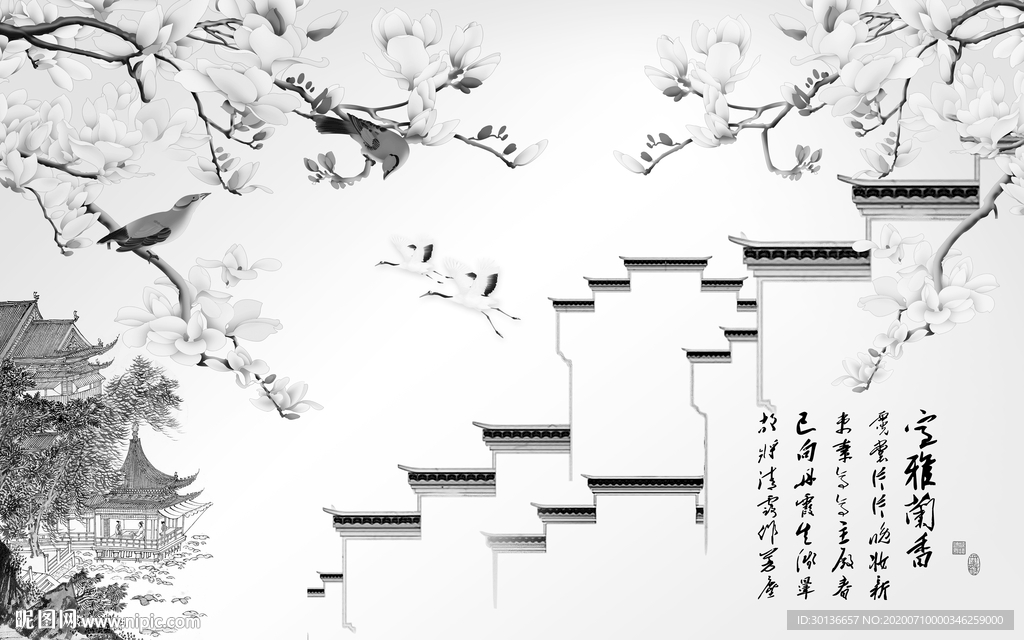 高清徽派灰色山水 TIF分层