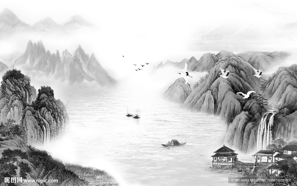 别墅山水画灰色画 TIF分层