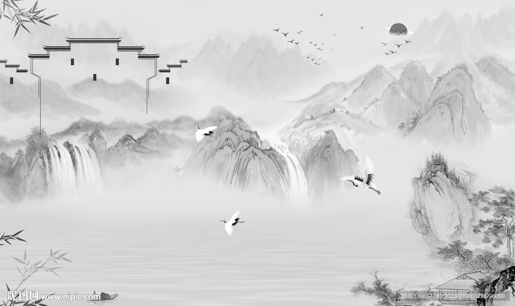 徽派 中式灰色山水 TIF分层