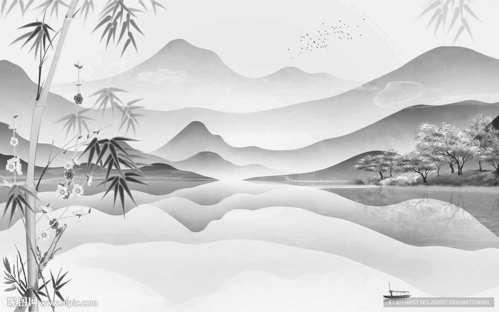 高档中式灰色山水 TIF分层