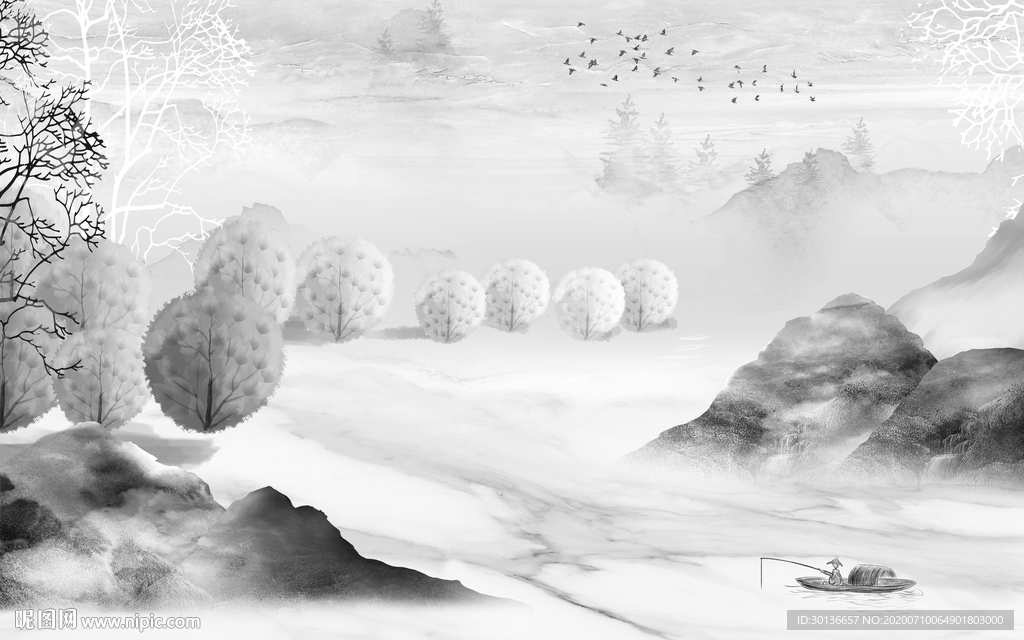 简约山水画灰色画 TIF分层