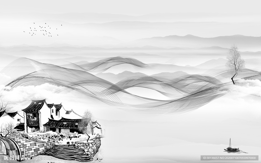 江南中式灰色山水 TIF分层