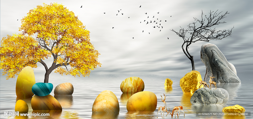 麋鹿石来运转条晶瓷画装饰画