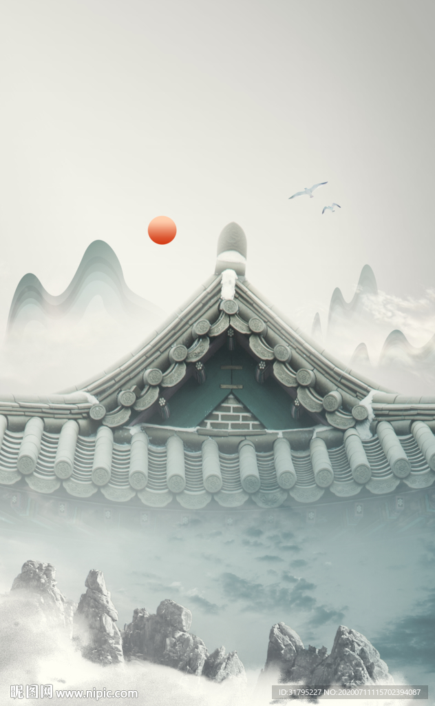 大气中式建筑物装饰画