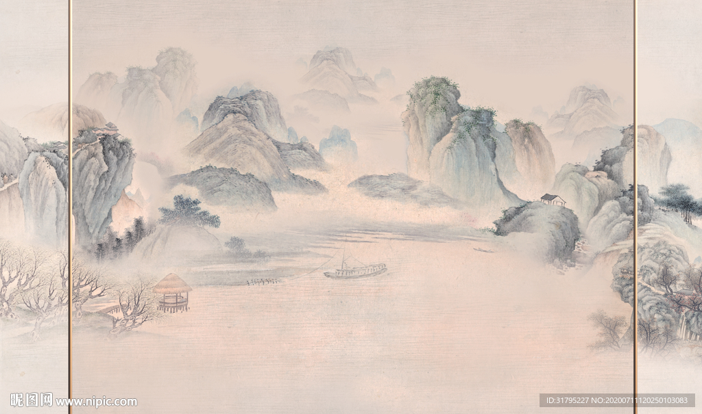 水墨山水亭小船背景墙