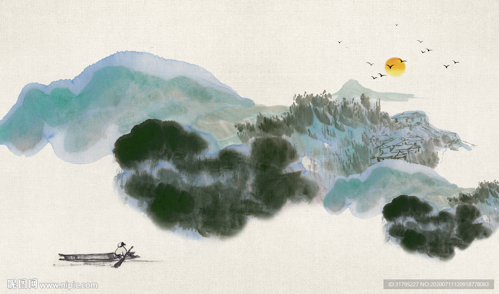 水墨山水小船背景墙