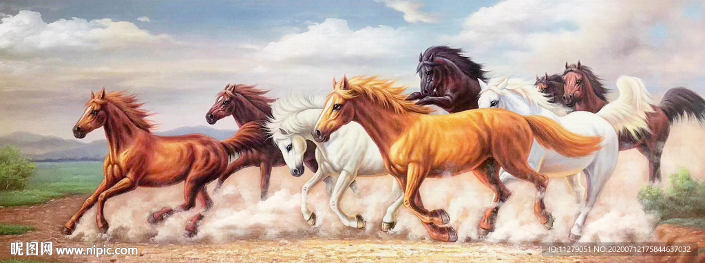 八骏图八骏马油画