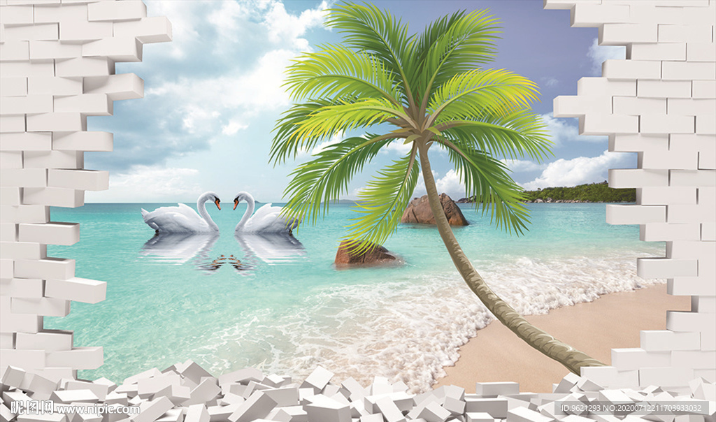 D立体窗外天鹅海景背景墙壁画图