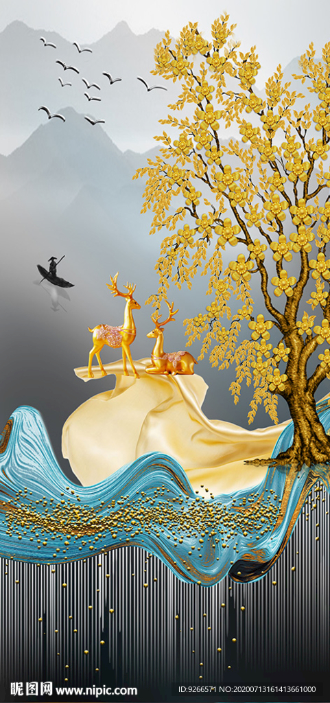 麋鹿山水玄关抽象晶瓷画装饰画
