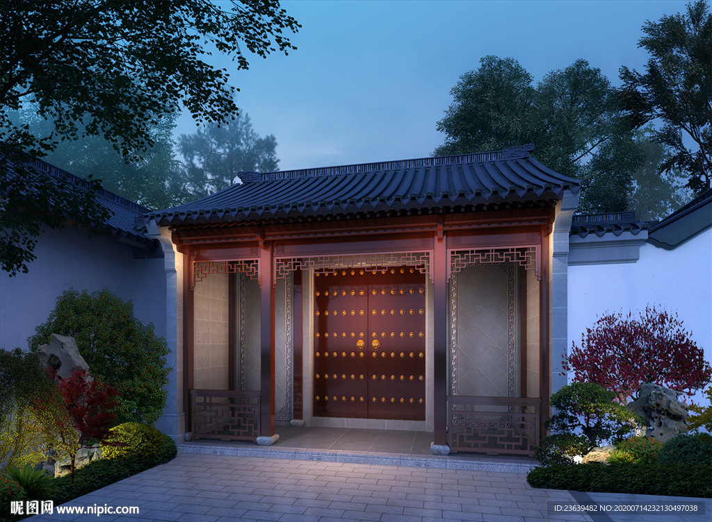 中式古典大门夜景效果图
