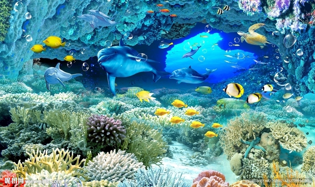 海底世界海豚热带鱼电视背景墙