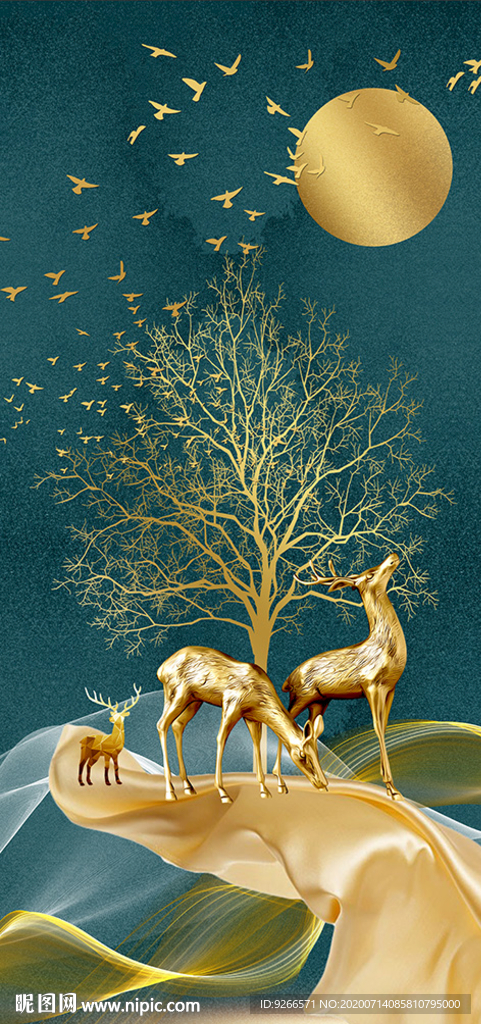 麋鹿山水玄关抽象晶瓷画装饰画