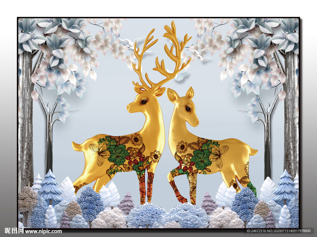黄金麋鹿 立体浮雕画