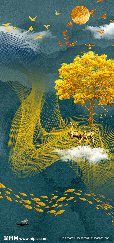 麋鹿山水玄关线条晶瓷画装饰画